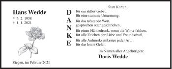 Traueranzeige von Hans Wedde von Siegener Zeitung