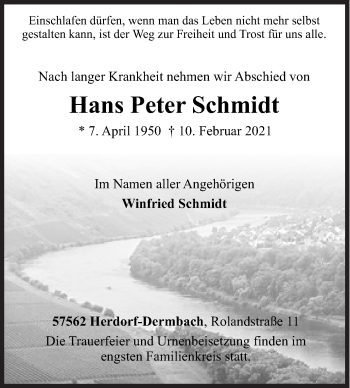 Traueranzeige von Hans Peter Schmidt von Siegener Zeitung