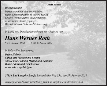 Traueranzeige von Hans Werner Roth von Siegener Zeitung