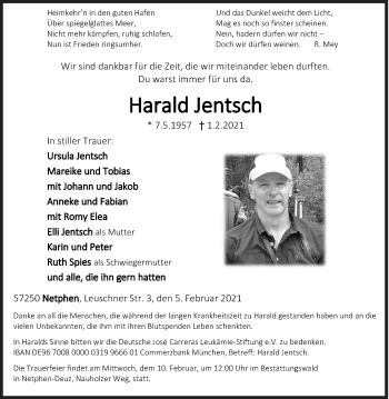 Traueranzeige von Harald Jentsch von Siegener Zeitung