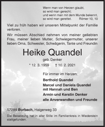 Traueranzeige von Heike Quandel von Siegener Zeitung