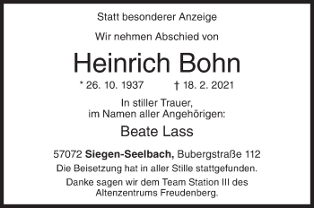 Traueranzeige von Heinrich Bohn von Siegener Zeitung