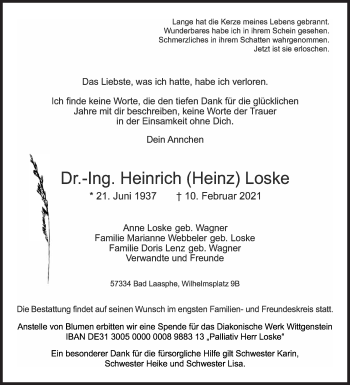 Traueranzeige von Heinrich Loske von Siegener Zeitung