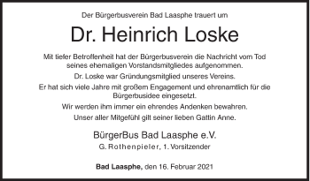 Traueranzeige von Heinrich Loske von Siegener Zeitung
