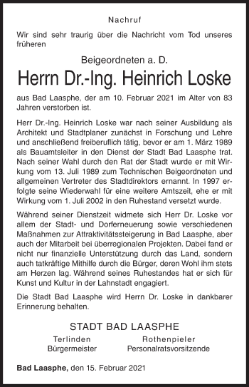 Traueranzeige von Heinrich Loske von Siegener Zeitung