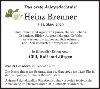 Traueranzeige von Heinz Brenner von Siegener Zeitung