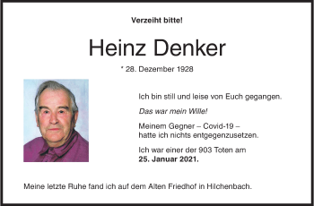 Traueranzeige von Heinz Denker von Siegener Zeitung