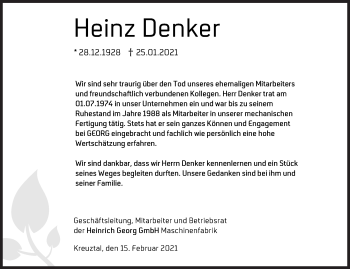 Traueranzeige von Heinz Denker von Siegener Zeitung