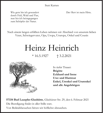 Traueranzeige von Heinz Heinrich von Siegener Zeitung