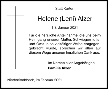 Traueranzeige von Helene Alzer von Siegener Zeitung