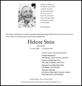 Traueranzeige von Helene Stein von Siegener Zeitung