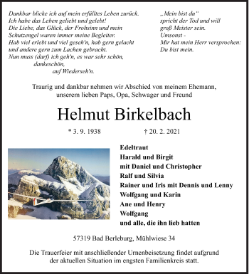 Traueranzeige von Helmut Birkelbach von Siegener Zeitung