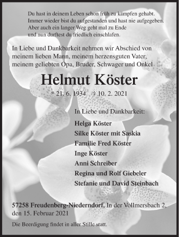 Traueranzeige von Helmut Köster von Siegener Zeitung