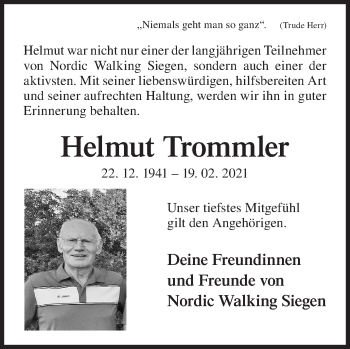Traueranzeige von Helmut Trommler von Siegener Zeitung