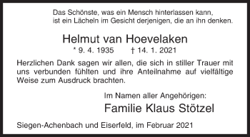 Traueranzeige von Helmut van Hoevelaken von Siegener Zeitung