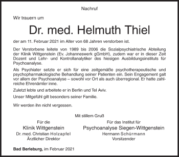 Traueranzeige von Helmuth Thiel von Siegener Zeitung