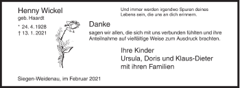 Traueranzeige von Henny Wickel von Siegener Zeitung