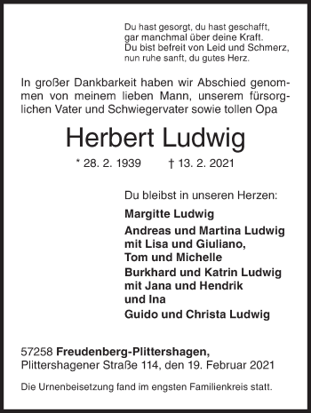 Traueranzeige von Herbert Ludwig von Siegener Zeitung
