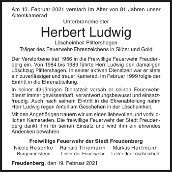Traueranzeige von Herbert Ludwig von Siegener Zeitung