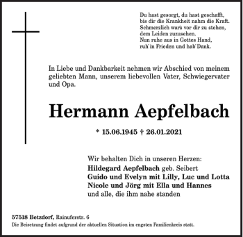 Traueranzeige von Hermann Aepfelbach von Siegener Zeitung