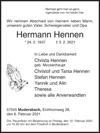 Traueranzeige von Hermann Hennen von Siegener Zeitung