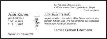Traueranzeige von Hilde Riesener von Siegener Zeitung