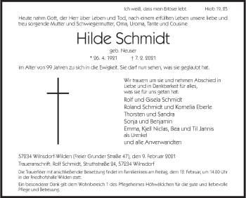 Traueranzeige von Hilde Schmidt von Siegener Zeitung