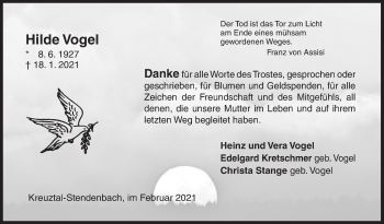 Traueranzeige von Hilde Vogel von Siegener Zeitung