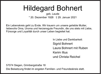 Traueranzeige von Hildegard Bohnert von Siegener Zeitung