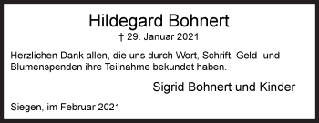 Traueranzeige von Hildegard Bohnert von Siegener Zeitung