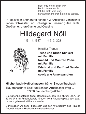 Traueranzeige von Hildegard Nöll von Siegener Zeitung