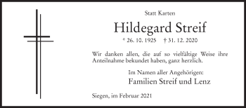 Traueranzeige von Hildegard Streif von Siegener Zeitung