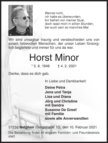 Traueranzeige von Horst Minor von Siegener Zeitung