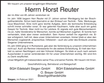 Traueranzeige von Horst Reuter von Siegener Zeitung