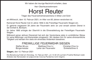 Traueranzeige von Horst Reuter von Siegener Zeitung
