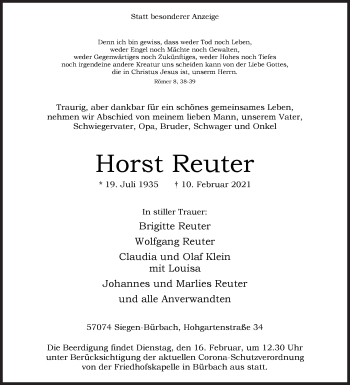 Traueranzeige von Horst Reuter von Siegener Zeitung
