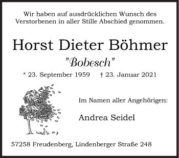 Traueranzeige von Horst Dieter Böhmer von Siegener Zeitung