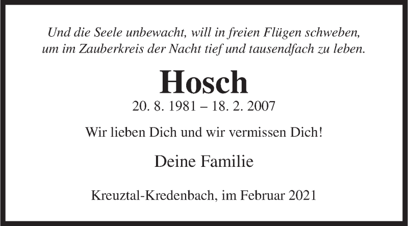  Traueranzeige für Hosch  vom 18.02.2021 aus Siegener Zeitung