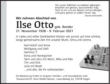 Traueranzeige von Ilse Otto von Siegener Zeitung