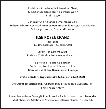 Traueranzeige von Ilse Rosenkranz von Siegener Zeitung