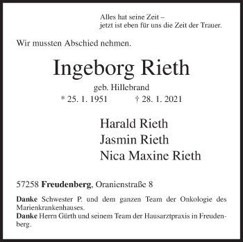 Traueranzeige von Ingeborg Rieth von Siegener Zeitung