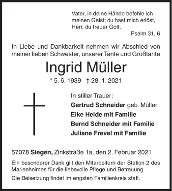 Traueranzeige von Ingrid Müller von Siegener Zeitung