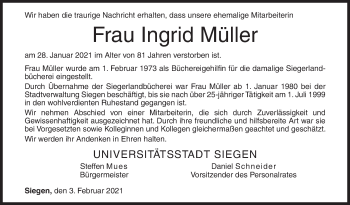 Traueranzeige von Ingrid Müller von Siegener Zeitung