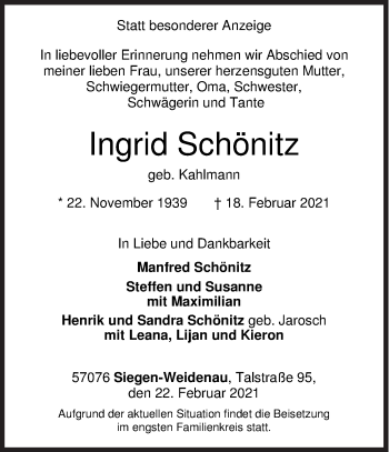 Traueranzeige von Ingrid Schönitz von Siegener Zeitung