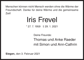 Traueranzeige von Iris Frevel von Siegener Zeitung