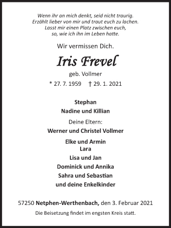Traueranzeige von Iris Frevel von Siegener Zeitung