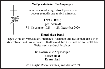 Traueranzeige von Irma Bald von Siegener Zeitung