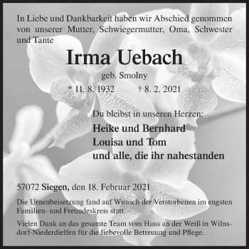 Traueranzeige von Irma Uebach von Siegener Zeitung