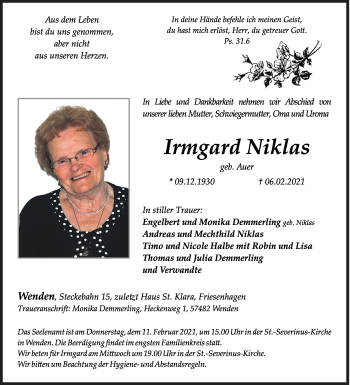 Traueranzeige von Irmgard Niklas von Siegener Zeitung