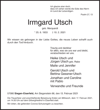 Traueranzeige von Irmgard Utsch von Siegener Zeitung